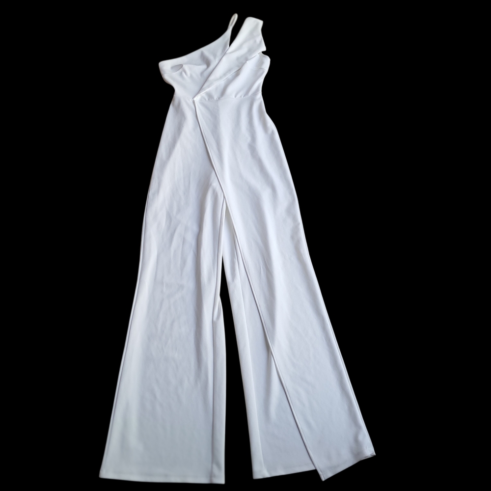 VALENTINE White Jumpsuit S One Shoulder Wide Leg Asymmetrical Formal Party Club